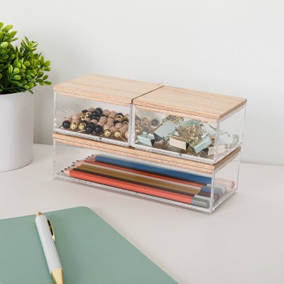 Martha Stewart 3pc Plastic Storage Organizer Bins Clear with Light Natural Lids: Office Desk Drawer Organization Set
