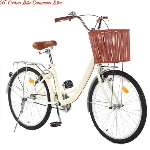 24" & 26" Cruiser Bike Commuter Bike Beach Cruiser w/ Ergonomic Upright Design, w/Basket & Adjustable Seat - 1 of 4