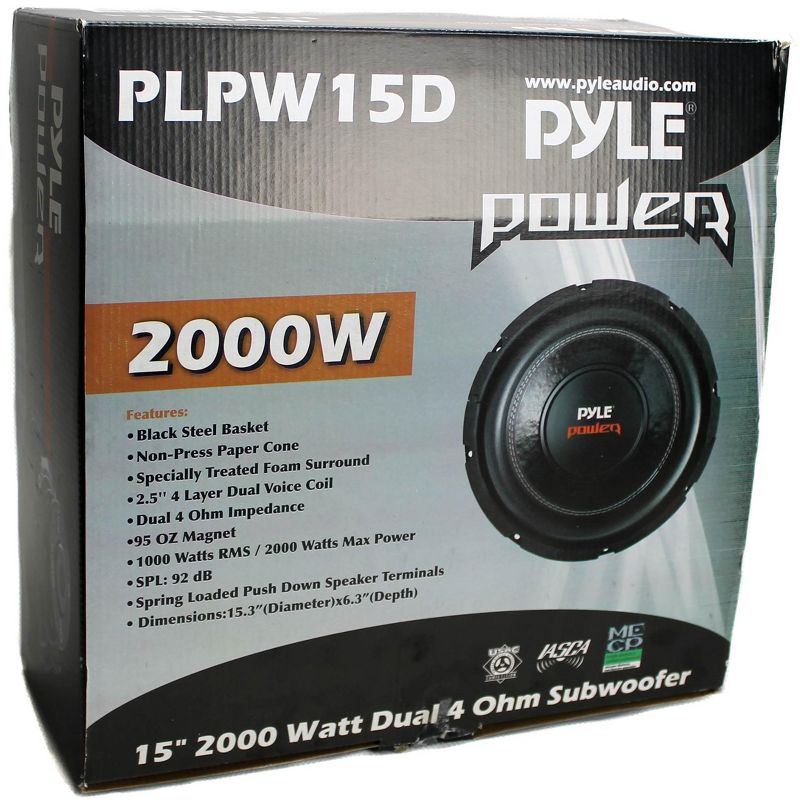 Pyle PLPW15D 15" 2000 Watt 4-Ohm DVC Power Car Audio Subwoofer Sub Woofer, 5 of 7