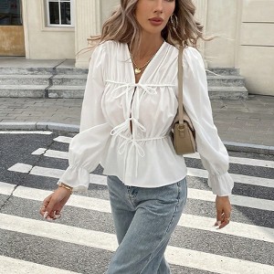 Women's Shirt V Neck Front Tie Long Sleeve Blouse Elegant Ruffled Peplum Top - 1 of 4