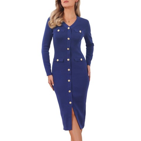 Женские платья INSPIRE CHIC Women's V Neck Long Sleeve Button Decor Knit Midi Bodycon Sweater Dress Dark Blue Small
