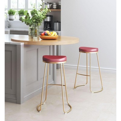 Zuo Modern – Bree Barstool Set of 2,30.5"H, Burgundy Faux Leather with Gold Stainless Steel Frame, Modern Bar Seating