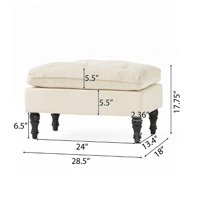 Cream Tufted Fabric Rectangular Ottoman with Turned Legs