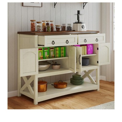 Farmhouse Rattan Buffet Sideboard Cabinet with 2 Drawers & 4 Doors with Adjustable Shelves for Kitchen Dining Room Living Room Storage, White