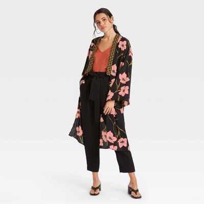 Women's Woven Floral Print Duster - A New Day™ Black One Size