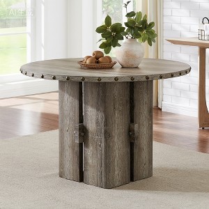 Beige Round Dining Table, 47" Wood Pedestal Table with Rivet Trim, MDF Top & Adjustable Legs for Dining Room, Kitchen - 1 of 4