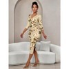 Women's Fashionable Wave Prints Crisscross Wrap Three-Quarter Sleeves V-Neck Ruched Bodycon Dress - 3 of 4
