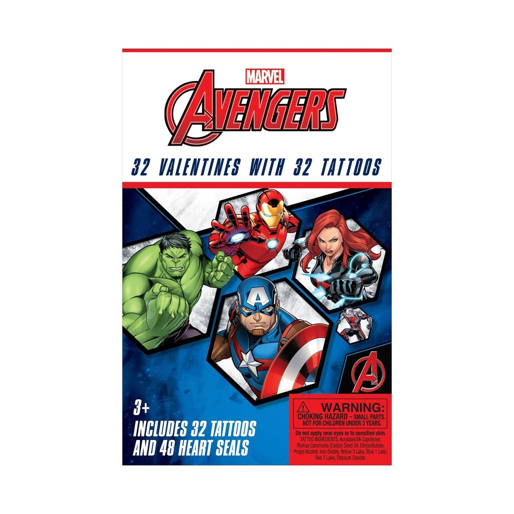 Avengers 32ct Deluxe Valentine's Day Kids Tattoos Exchange Cards