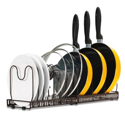 LunaLulinlk Pot Lid Organizer with 10 Adjustable Compartments, Expandable Metal Pots and Pans Organizer for Kitchen,Brown