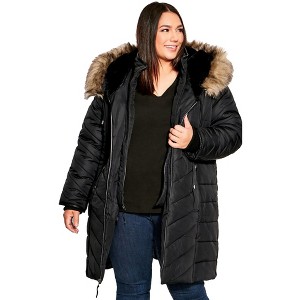 Avenue Women's Plus Size Chevron Faux Fur Hood Long Puffer Coat - 1 of 4