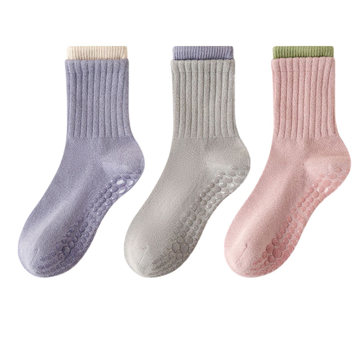 Anna-Kaci Womens Non-Slip Grip Crew Socks 3 Pair Pack Custom Color Combos Soft Ribbed Cotton with 3D Silicone Heel - thumbnail 8
