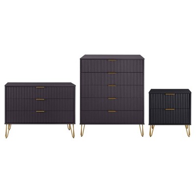 Manhattan Comfort Dumbo 3pc 5 Drawer Dresser, 3 Drawer Dresser and Nightstand Set