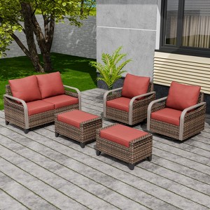 EAGLE PEAK Wicker Outdoor Patio Conversation Set, 2 Swivel Rocking Chairs, 2-Seat Loveseat and 2 Ottomans, 5 Pieces - 1 of 4