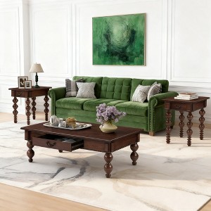 Luxystar Solid Wood Coffee Table Set of 3 with Drawer, Includes 1 Vintage Coffee Table and 2 End Side Table for Living Room - 1 of 4