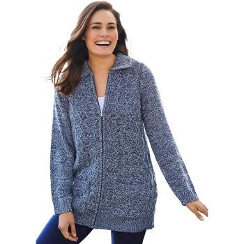 Woman Within Women's Plus Size Marled Zip-Front Cable Knit Cardigan