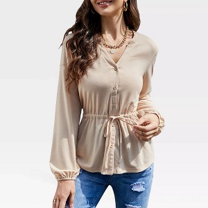 Women's Long Sleeve Shirts with Front Button Down V Neck - Casual Peplum Blouse with Waist Drawstring and Gathered Cuff Tops,Apricot - XL - 1 of 4