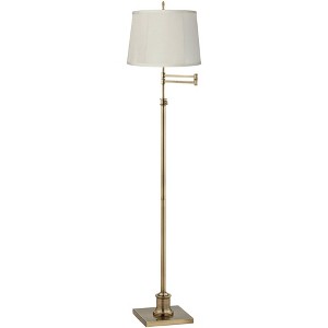 360 Lighting Swing Arm Floor Lamp Adjustable Height 70" Tall Antique Brass Beige Fabric Drum Shade for Living Room Reading Bedroom Office - 1 of 4