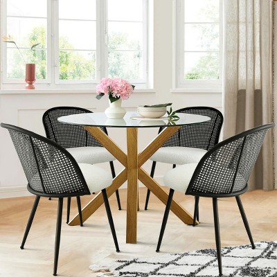 5-Piece DIning Set for 4, Glass Round Dining Table Set with Bouclé Fabric Mesh Rattan Backrest Dining Chair, DIning Room Furniture - Maison Boucle