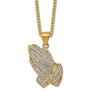 Chisel Stainless Steel Yellow IP-plated with Crystal Praying Hands Pendant on a 24" Curb Chain Necklace - 1 of 1