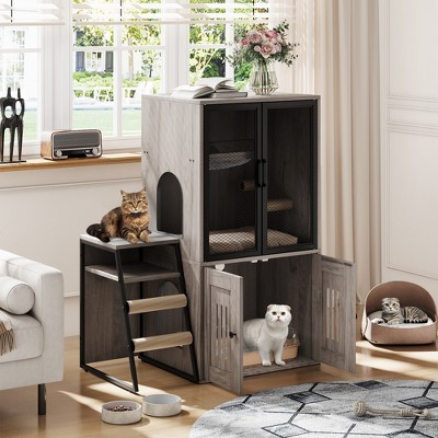 Cat Litter Box Enclosure for 2 Cats – Double Cat House with Hammock, Storage & Ventilated Mesh Doors
