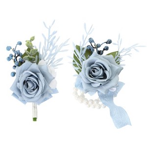 Unique Bargains Rose Corsage and Boutonnieres Set For Party Wedding Flowers Pin 2.76 Inch 2 Pcs - 1 of 4