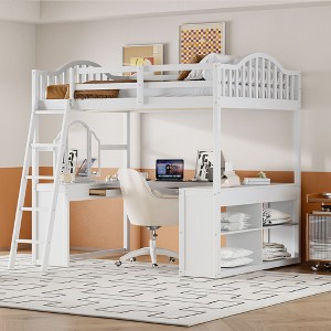 TIRAMISUBEST Full Size Loft Bed with U-shaped Desk, 2 Drawers and Tri-fold Mirror, Wooden Loft Bedframe with Storage Shelves - 1 of 4