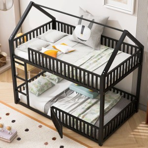 YOOCOZZ Kids' House-Shaped Metal Twin Bunk Bed with Fence, Door, and Sturdy Ladder - Black - 1 of 4