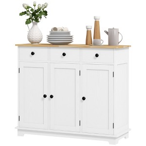 Kitchen Storage Cabinet, Sideboard Floor Cupboard with Solid Wood Top, Adjustable Shelf, and 3 Drawers - 1 of 4