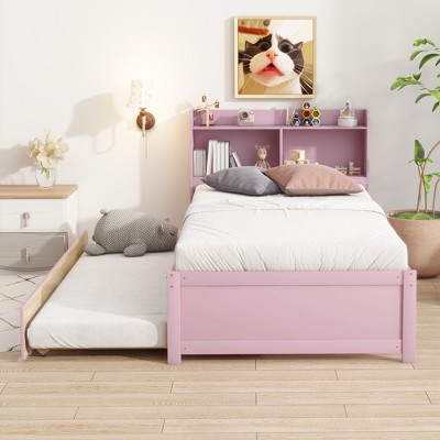 GDFStudio Cassandra Modern Twin Bed with Trundle and Storage Headboard