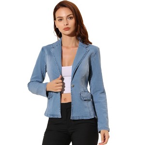 INSPIRE CHIC Women's Notched Lapel Button Up Long Sleeve Washed Denim Blazer - 1 of 4