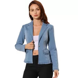 Allegra K Women's Notched Lapel Button Up Long Sleeve Washed Denim Jacket Light Blue Large