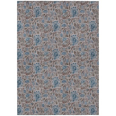 Brown And Blue Floral Washable Indoor Outdoor Area Rug