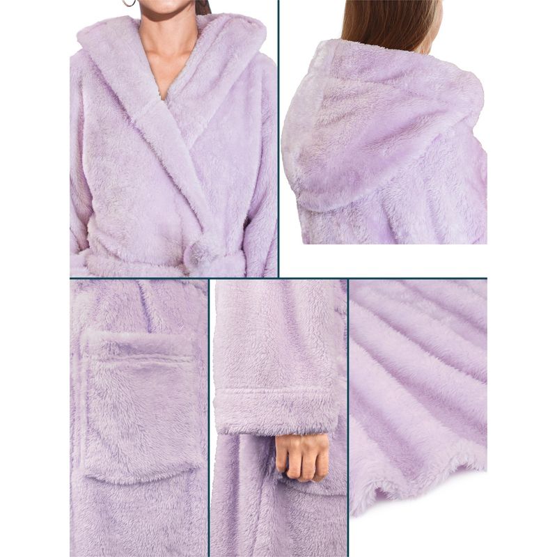 PAVILIA Women Hooded Plush Soft Robe, Fluffy Warm Fleece Faux Shearling Shaggy Bathrobe, 4 of 8
