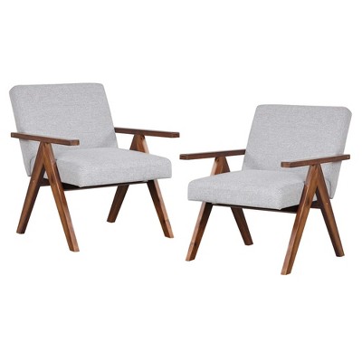 Costway 2 PCS Modern Accent Chair Linen Fabric Armchair with Solid Acacia Wood Frame Beige/Grey