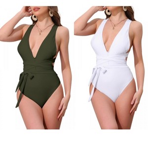 INSPIRE CHIC Women's Deep V Neck Criss Cross Tummy Control High Cut Swimwear Monokini Bikini Suits 2 Sets - 1 of 4