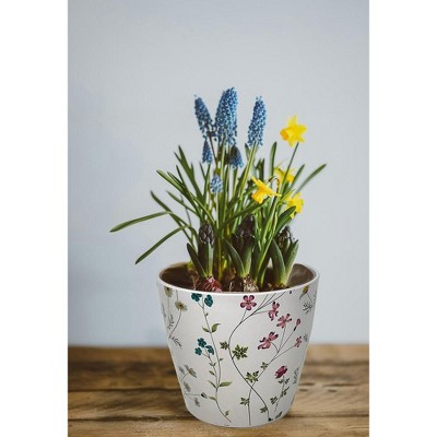 7" White and Multicolor Bamboo Fiber Self-Watering Pot
