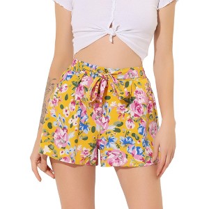 Allegra K Women's Elastic Waist Floral Print Summer Boho Beach Shorts - 1 of 4