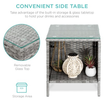 Gray Wicker 3-Piece Outdoor Bistro Set with Cushions and Glass Tabletop