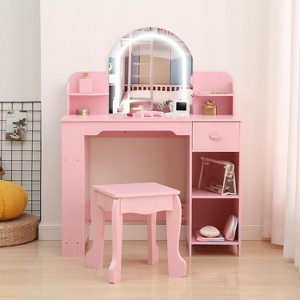 Kids Vanity with Lighted Mirror & Stool, Girls Makeup Vanity Desk with Bookshelf, Drawer & Open Shelves, Wooden Pretend Play Dressing Table - 1 of 4