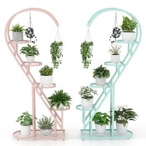 Costway 5 Tier Metal Plant Stand Heart-shaped Shelf with Hanging Hook for Multiple Plants Black/White/Pink & Blue - 1 of 4