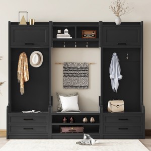4-in-1 Hall Tree with Storage Cabinets, Drawers, Bench, 7 Hooks, Detachable MDF Entryway Coat Rack for Hallway or Mudroom - Cuddlewood - 1 of 4