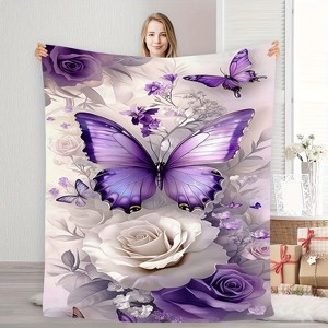 Lomsoe Purple Butterfly & Rose Floral Print Flannel Blanket - Soft Warm Luxury Throw for Home Decor, Camping,Christmas Gift. - 1 of 4