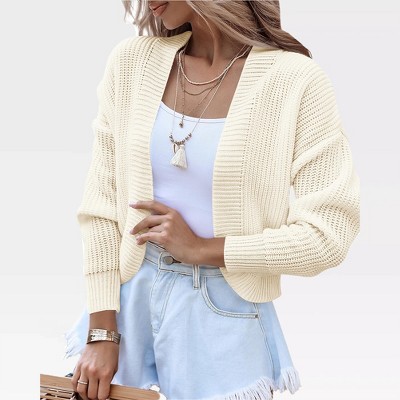 Women's Rib Knit Cardigan with Lantern Sleeves - Open Front Sweater, Drop Shoulder Chunky Cardigans for Winter Knitwear