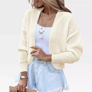 Women's Rib Knit Cardigan with Lantern Sleeves - Open Front Sweater, Drop Shoulder Chunky Cardigans for Winter Knitwear - 1 of 4