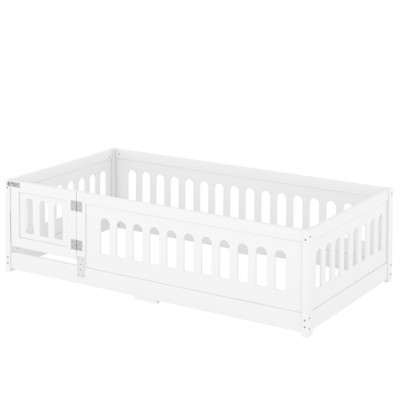 SEVOBAL Kids Furniture Floor Bed Twin Size Heightened Safety Guardrails Door Solid Wood with No Slats for Kids and Teens, White, 78.74"*18.9"*5.31"