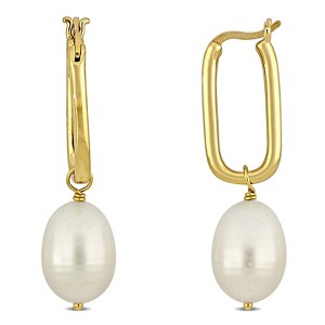 EVERLY JEWELRY | Yellow Plated Sterling Silver 10-10.5MM Rice Shape Drop Freshwater Cultured Pearl on Rectangle Shape Hoop Earrings - 1 of 4