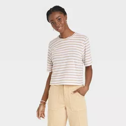 Women's Short Sleeve Boxy T-Shirt - Universal Thread™ Tan Striped S