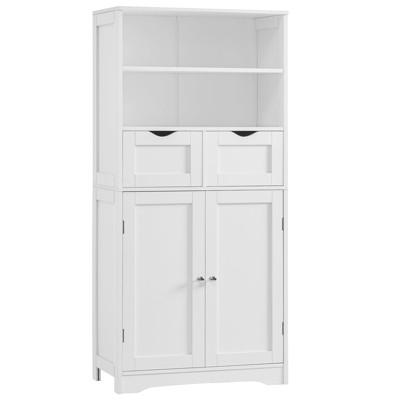 USIKEY Tall Bathroom Cabinet with Adjustable Shelf & Doors, Storage Cabinet with 2 Drawers, Bathroom Floor Cabinet for Living Room, White