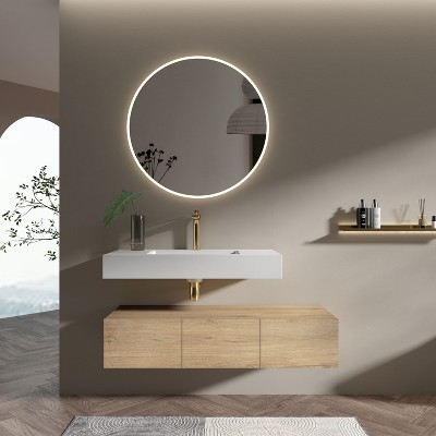 NicBex 47" Bathroom Floating Cabinet with Optional Sink,3-Door Decorative Floating Storage Cabinet for Bathroom,Natural Oak Wall Mounted Cabinet