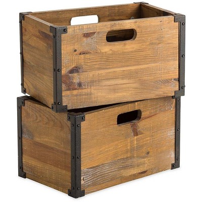 Plow & Hearth - Deep Creek Rustic Wood Storage Crates with Built-In Handles & Metal Accents, Set of 2